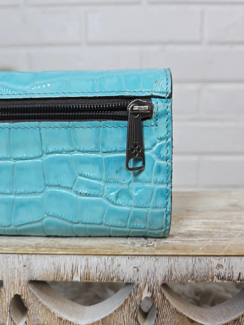 Patricia Nash Turquoise Croc Embossed Tri Fold Wallet